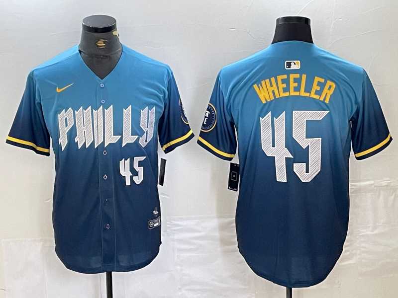 Men's Philadelphia Phillies #45 Zack Wheeler Blue 2024 City Player Number Cool Base Stitched Jersey,We sell and wholesale Men's Philadelphia Phillies #45 Zack Wheeler Blue 2024 City Player Number Cool Base Stitched Jersey on line form chian!